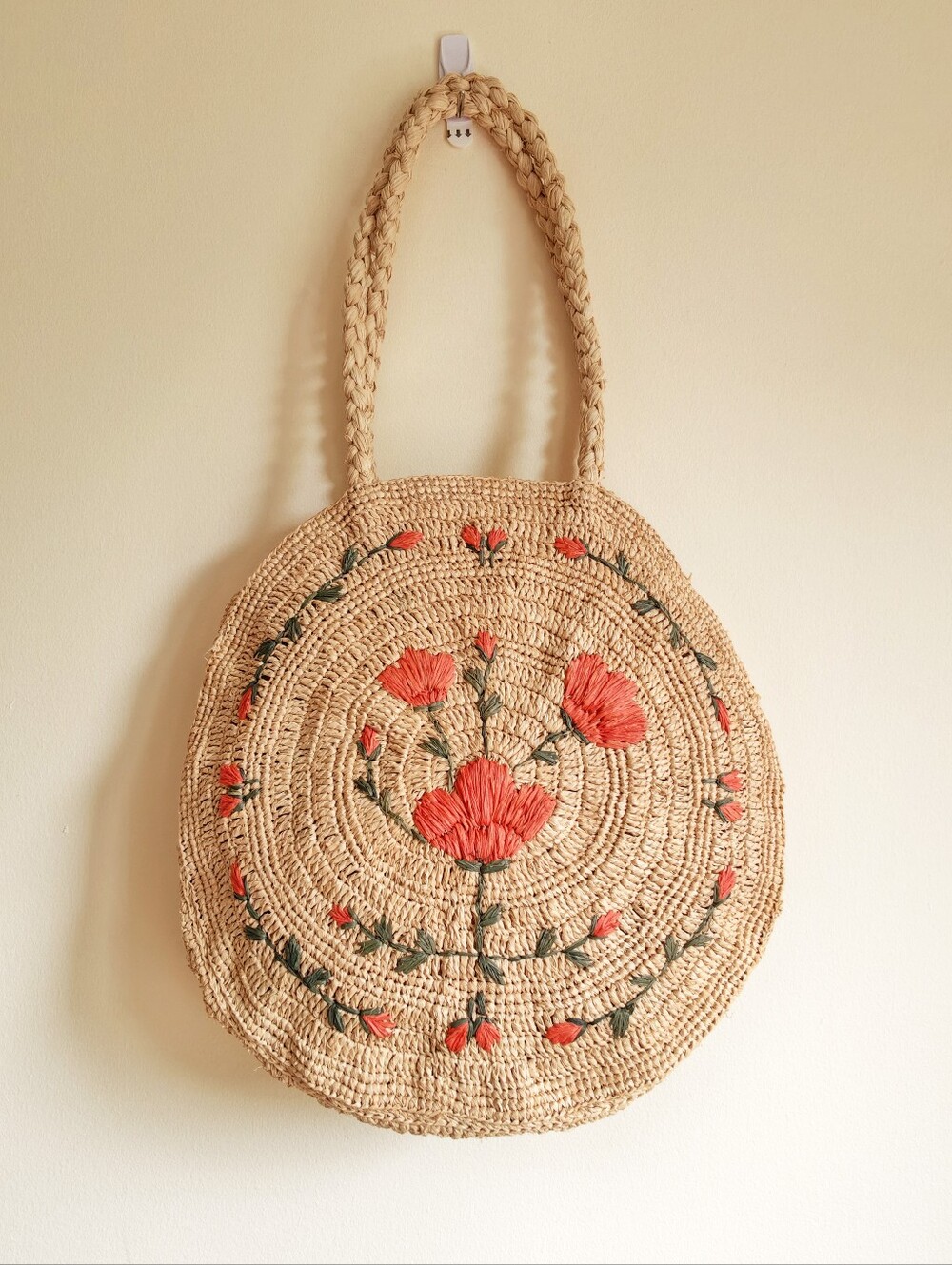 Round Raffia Tote with Floral Embroidery